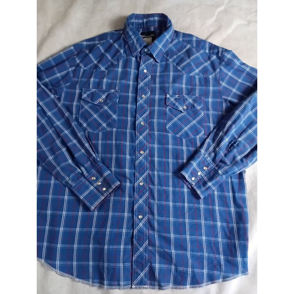 Vintage Y2K Wrangler Pearl Snap Western Shirt XL Plaid Cowboy Long Sleeve Blue